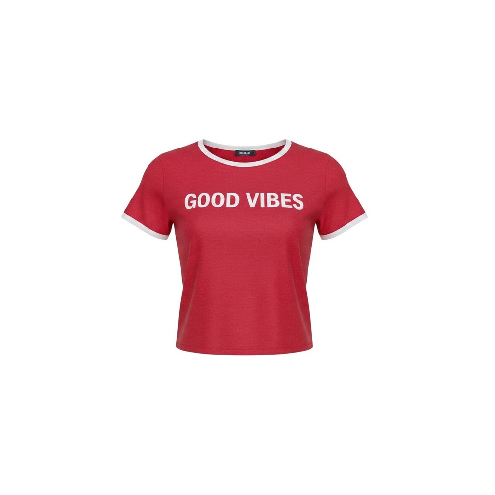 G Mini Ringer Graphic Tee Womens L Red New Good Vibes Front Knot T2841-2156